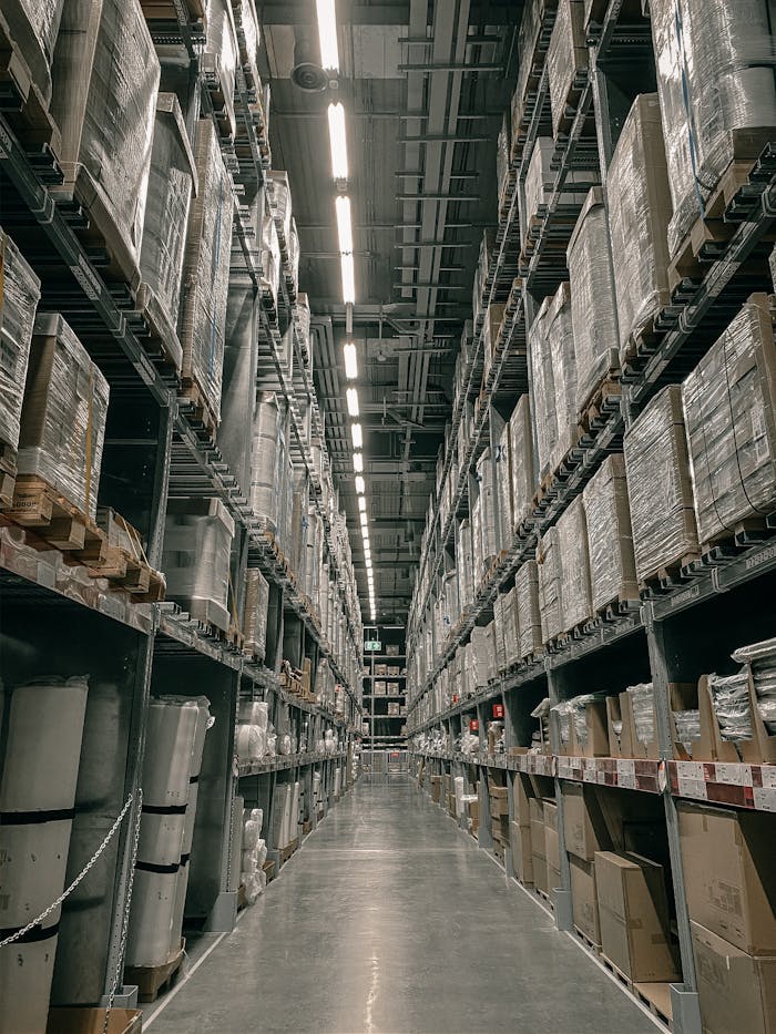 A long aisle in a modern warehouse with high shelving filled with boxes and supplies.